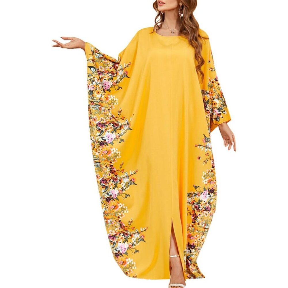 Muslim Abaya Women Long Dress Polyester Batwing Sleeve Embroidered